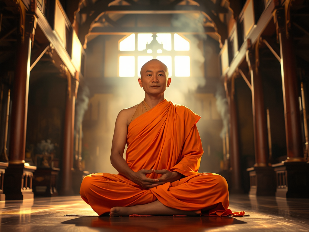 Hình ảnh thiền sư ngồi thiền trong chùa với ánh sáng vàng dịu nhẹ, khói hương bay nghi ngút tạo không gian thanh tịnh và an lạc tuyệt đối Hình ảnh thiền sư ngồi thiền trong chùa với ánh sáng vàng dịu nhẹ, khói hương bay nghi ngút tạo không gian thanh tịnh và an lạc tuyệt đối