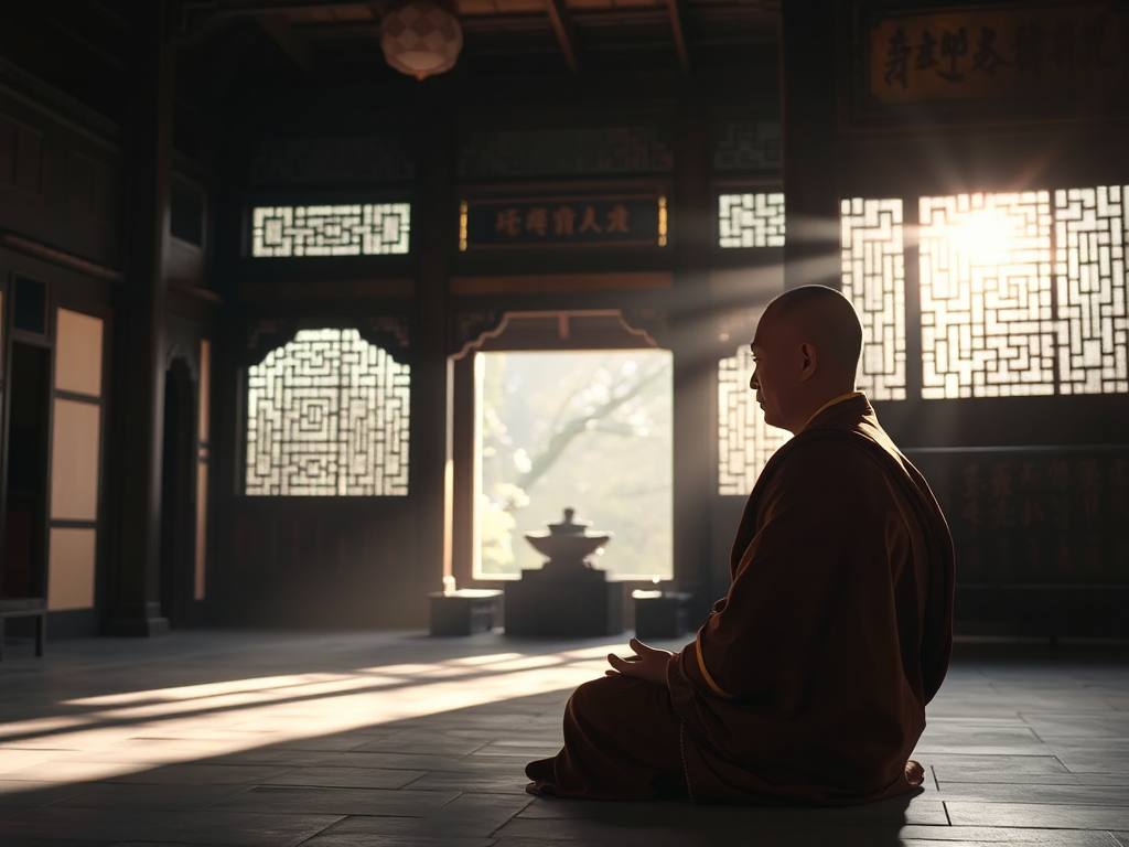 Hình ảnh thiền sư ngồi thiền trong sân chùa cổ kính, ánh sáng dịu nhẹ xuyên qua khung cửa gỗ, tạo nên không gian thanh tịnh của kinh điển Thiền tông