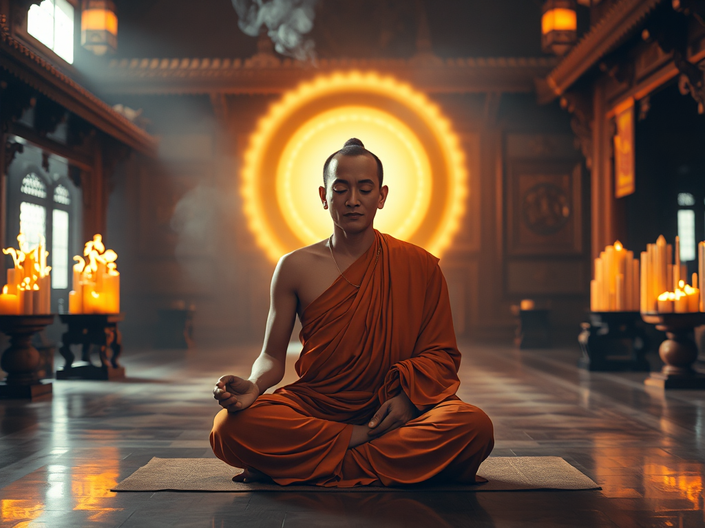Hình ảnh thiền sư ngồi thiền trong tư thế hoa sen, ánh hào quang bao quanh, khói hương nghi ngút trong chùa cổ kính, tạo cảm giác thanh tịnh và an lạc