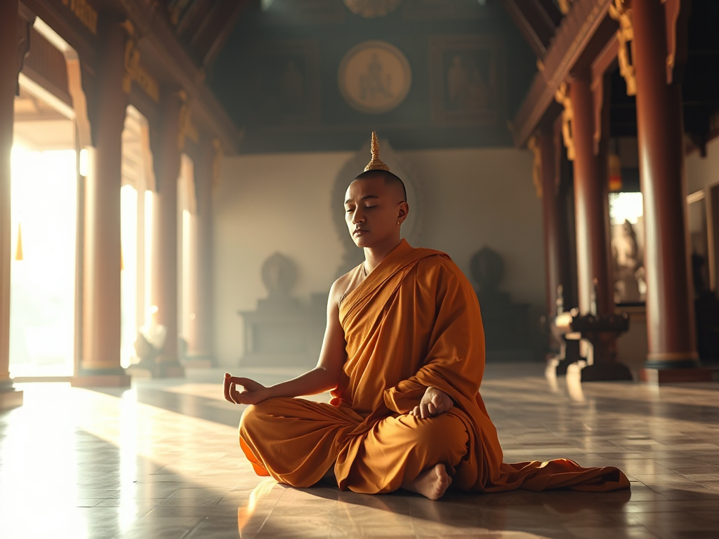 Hình ảnh thiền sư ngồi thiền trong tư thế hoa sen, ánh sáng vàng dịu nhẹ chiếu vào không gian chùa thanh tịnh, mang đậm không khí tâm linh Đạo Phật