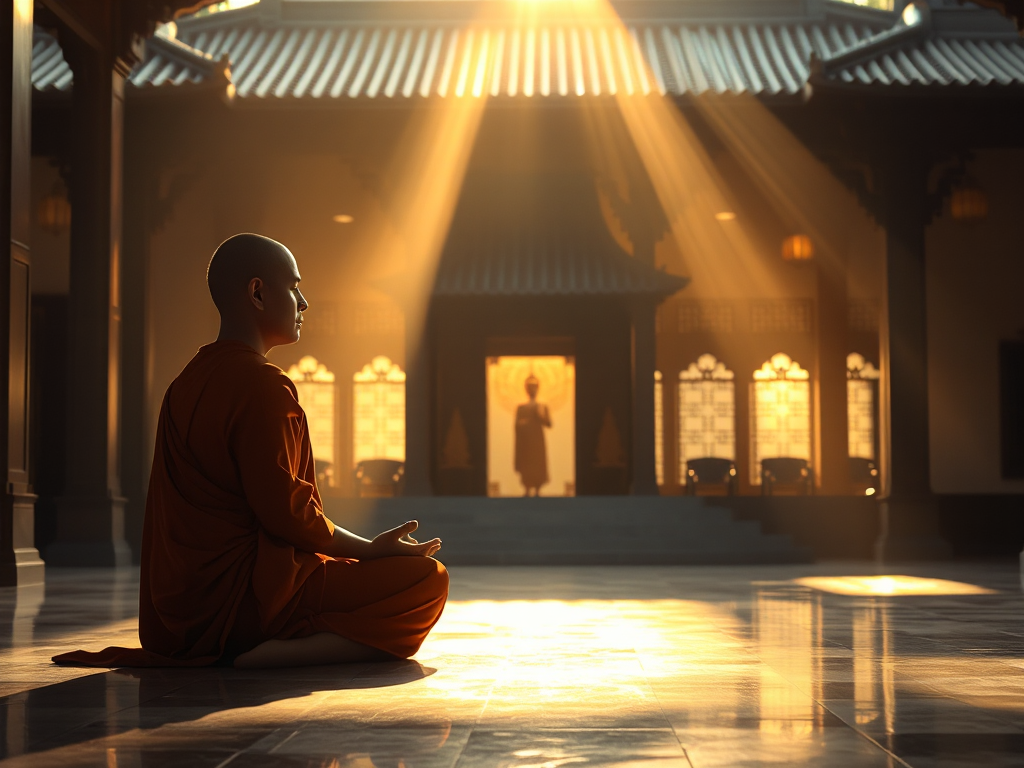 Hình ảnh thiền sư ngồi thiền trong tư thế hoa sen tại chùa Việt Nam, ánh sáng vàng dịu nhẹ tạo không gian thanh tịnh, tôn vinh tinh thần Kinh Viên Giác
