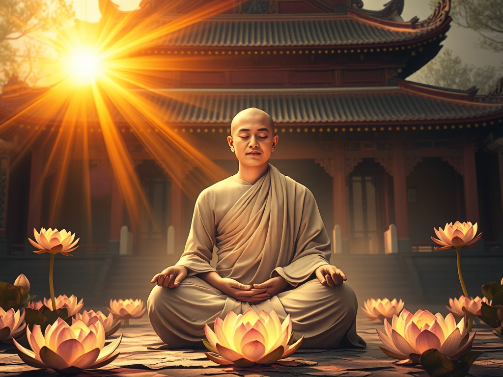 Hình ảnh thiền sư ngồi thiền trong tư thế hoa sen, xung quanh là hoa sen phát sáng và ánh sáng vàng, khung cảnh chùa cổ truyền thống Trung Hoa Hình ảnh thiền sư ngồi thiền trong tư thế hoa sen, xung quanh là hoa sen phát sáng và ánh sáng vàng, khung cảnh chùa cổ truyền thống Trung Hoa