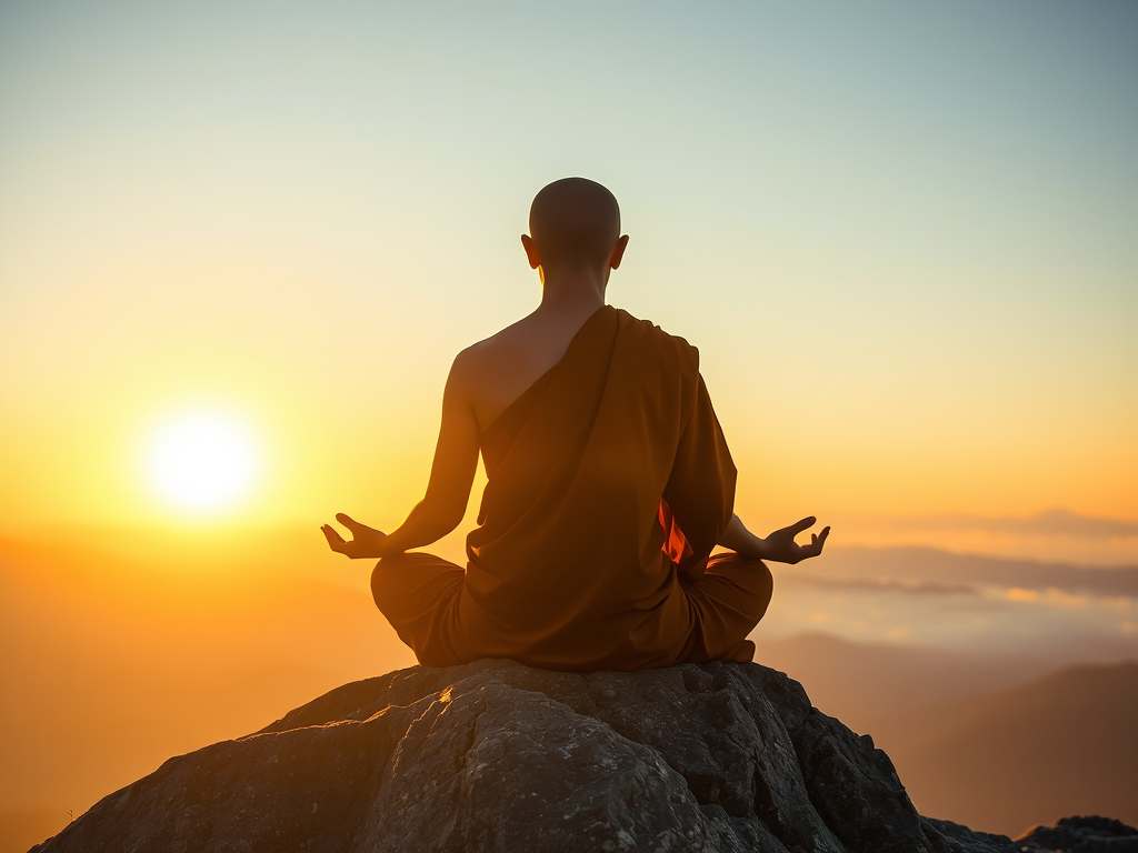 Hình ảnh thiền sư Phật giáo ngồi thiền trên đỉnh núi lúc bình minh, tay kết ấn nguyện, ánh sáng vàng rực rỡ tạo không gian thanh tịnh, thể hiện lợi ích tụng kinh Phật
