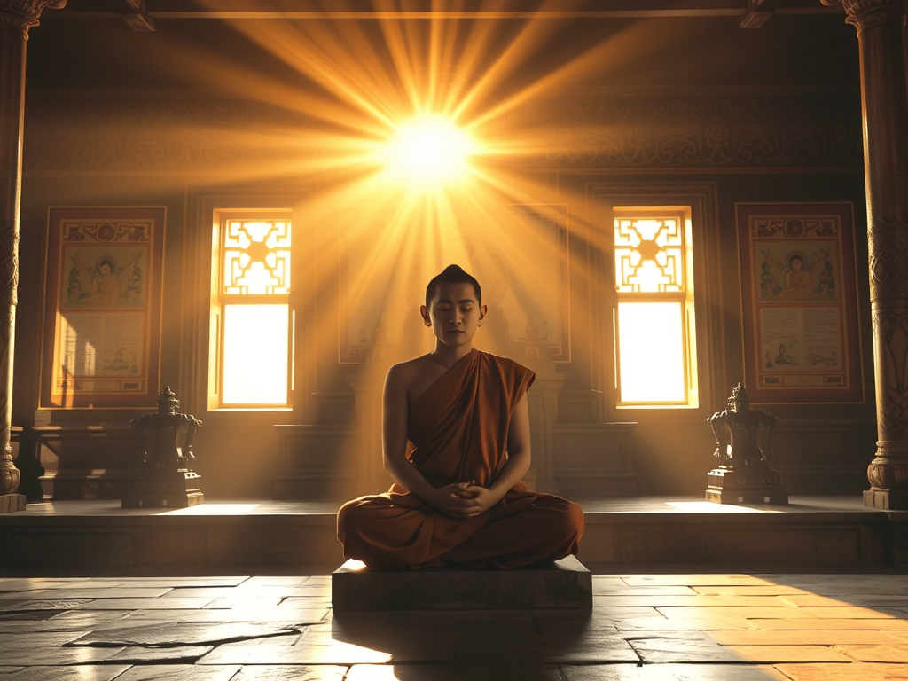 Hình ảnh thiền sư Phật giáo ngồi thiền trên nền đá cổ kính với ánh sáng vàng rực rỡ, xung quanh là các tác phẩm nghệ thuật Phật giáo và kinh điển thiêng liêng, tạo nên không gian tâm linh thanh tịnh