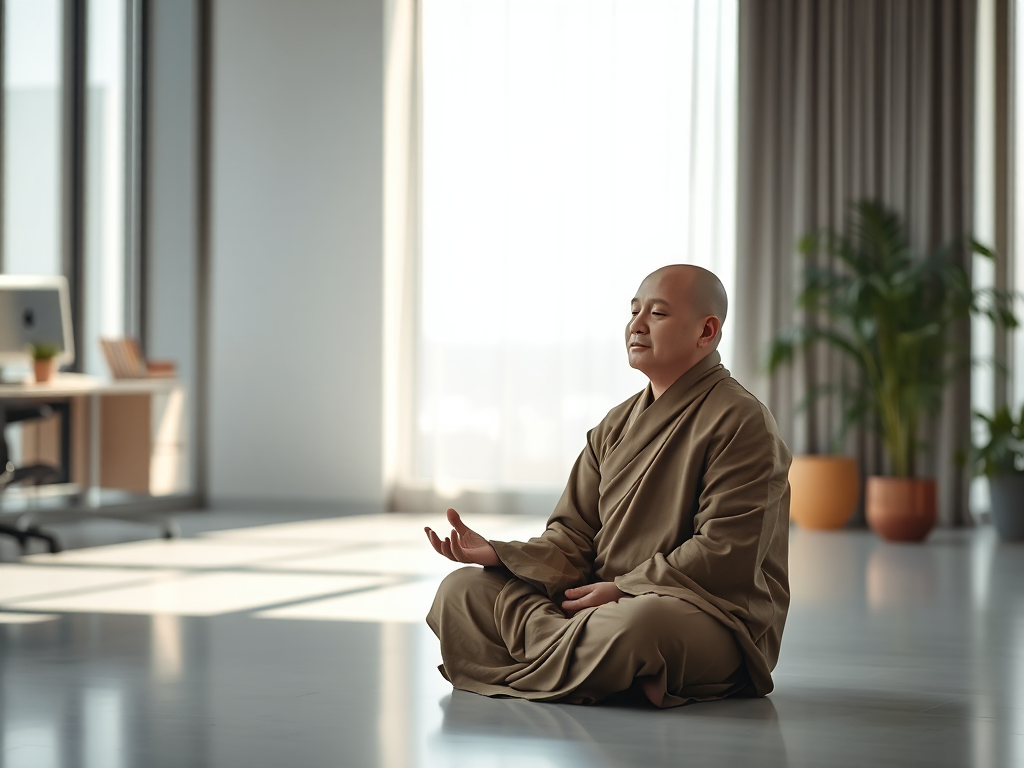 Hình ảnh thiền sư Phật giáo ngồi thiền trong văn phòng làm việc hiện đại, ánh sáng tự nhiên dịu nhẹ tạo cảm giác thanh bình và cân bằng cuộc sống công việc