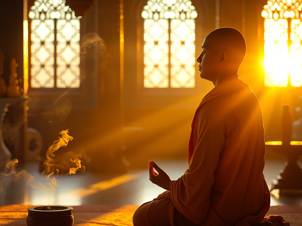 Hình ảnh thiền sư Phật giáo trong tư thế thiền định tại chùa vào buổi sáng sớm với ánh sáng vàng dịu nhẹ và khói hương bay nhẹ trong không gian yên bình Hình ảnh thiền sư Phật giáo trong tư thế thiền định tại chùa vào buổi sáng sớm với ánh sáng vàng dịu nhẹ và khói hương bay nhẹ trong không gian yên bình