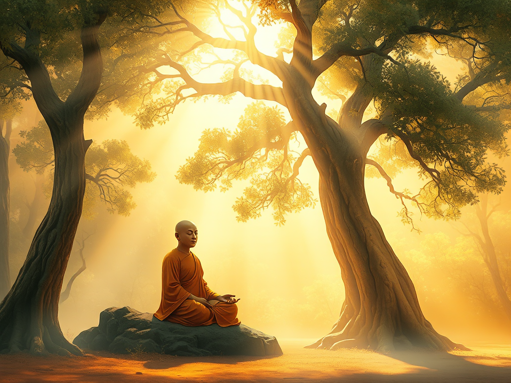 Hình ảnh vị sư cổ đại đang thiền định dưới gốc cây Bồ Đề với ánh sáng huyền ảo, tạo cảm giác thanh tịnh và giác ngộ tâm linh trong khu rừng yên bình