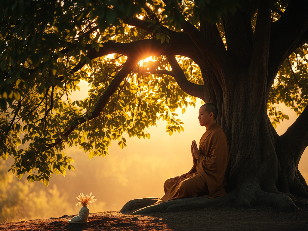 Hình ảnh vị sư cổ đại ngồi thiền dưới gốc cây Bồ Đề với ánh sáng vàng dịu nhẹ, tượng trưng cho sự giác ngộ và nhân quả trong Phật giáo