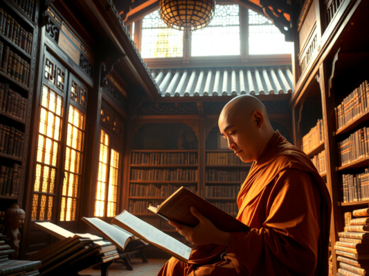 Hình ảnh vị sư đọc kinh Phật trong thư viện chùa cổ kính với ánh sáng vàng dịu nhẹ, tạo nên không gian thanh tịnh và trang nghiêm