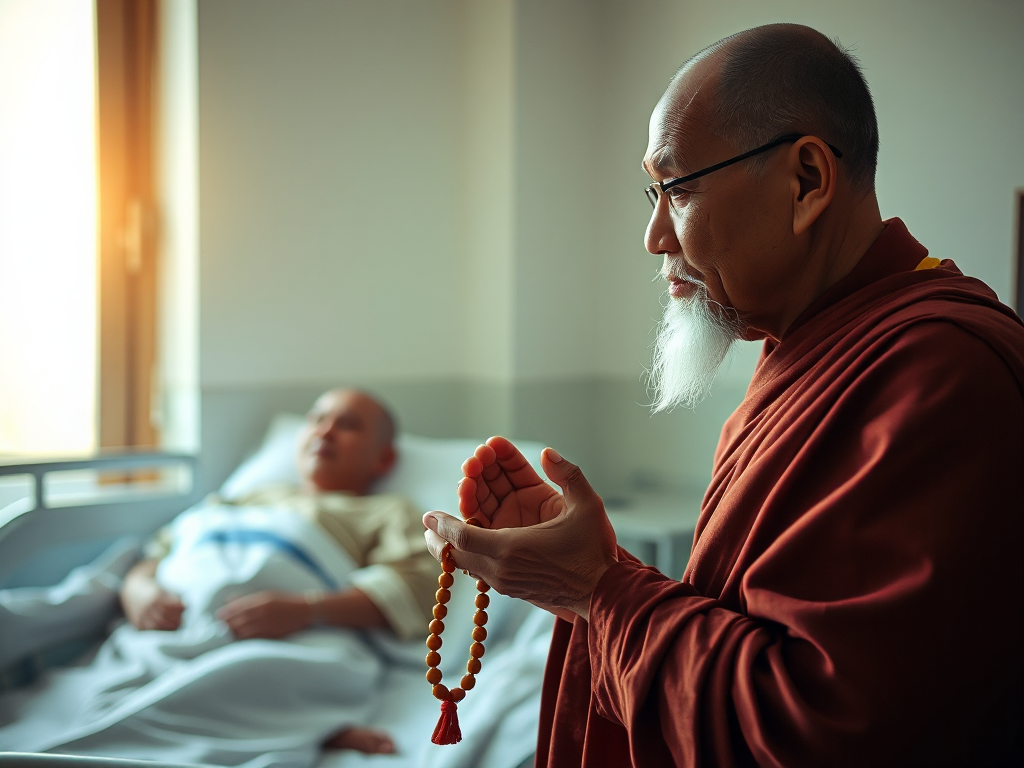 Hình ảnh vị sư già đang tụng kinh cho người bệnh bằng tràng hạt, ánh sáng dịu nhẹ buổi sáng trong phòng bệnh viện, không khí thanh tịnh và ấm áp tình thương