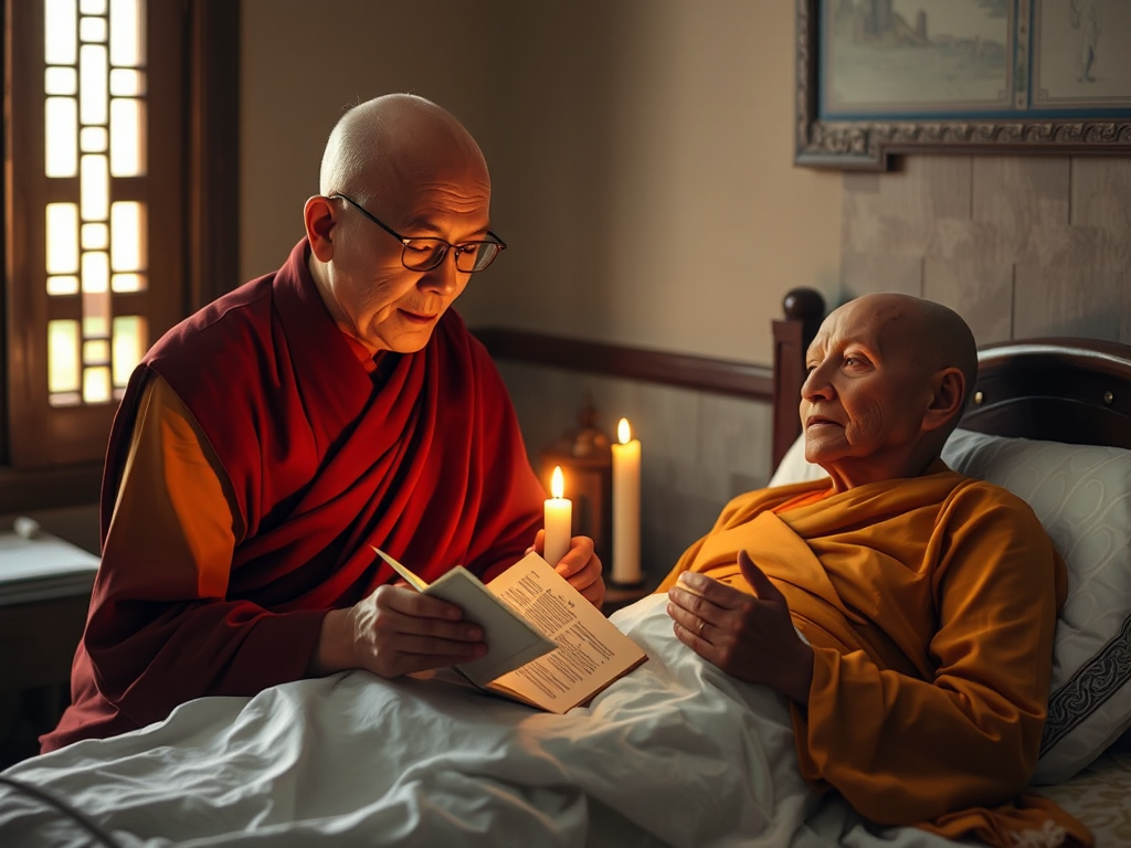Hình ảnh vị sư già đọc kinh Phật cho bệnh nhân nằm trên giường, ánh nến dịu nhẹ tạo không gian ấm áp trong chùa Việt Nam truyền thống