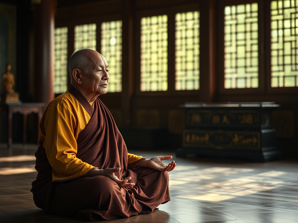 Hình ảnh vị sư già ngồi thiền trong chùa thanh tịnh, ánh sáng tự nhiên dịu nhẹ tạo không gian an lạc cho người bệnh tu tập kinh Phật