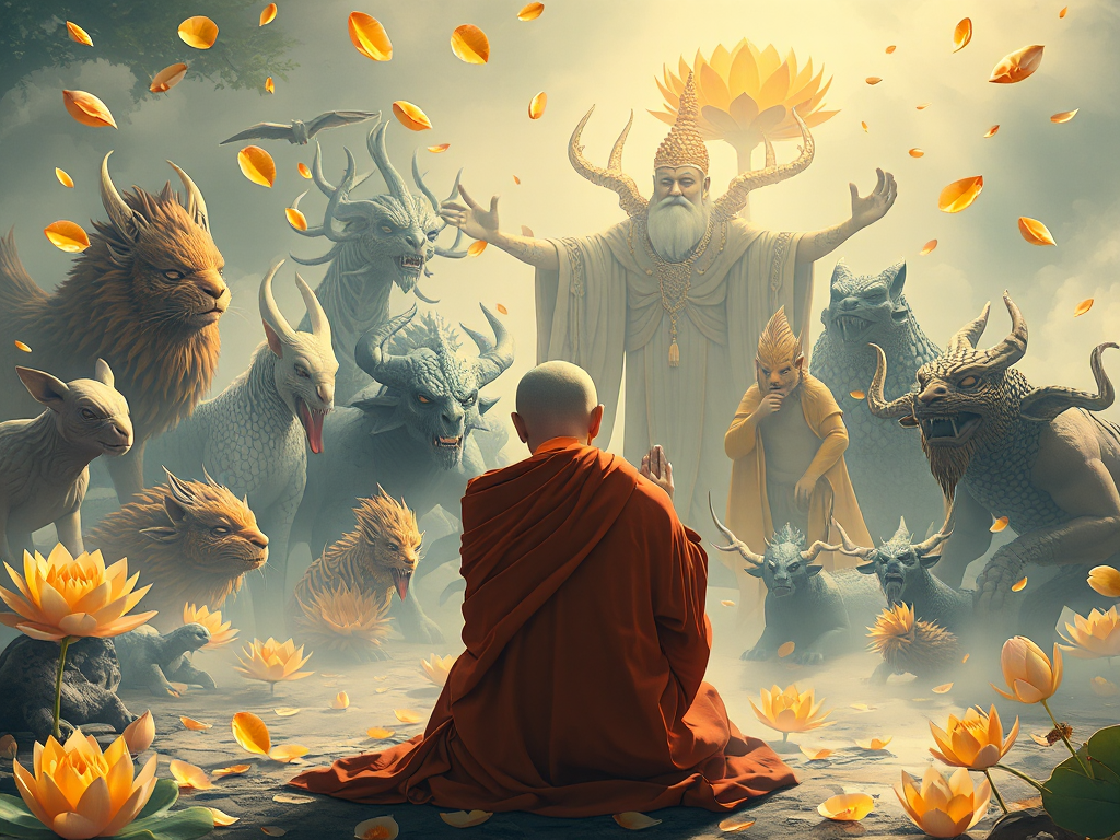 Hình ảnh vị sư thầy cúi lạy kính trọng trước các chúng sinh khác loài trong ánh sáng huyền ảo, thể hiện tinh thần tôn trọng mọi sinh mệnh trong Kinh Phổ Hiền Hạnh Nguyện Hình ảnh vị sư thầy cúi lạy kính trọng trước các chúng sinh khác loài trong ánh sáng huyền ảo, thể hiện tinh thần tôn trọng mọi sinh mệnh trong Kinh Phổ Hiền Hạnh Nguyện