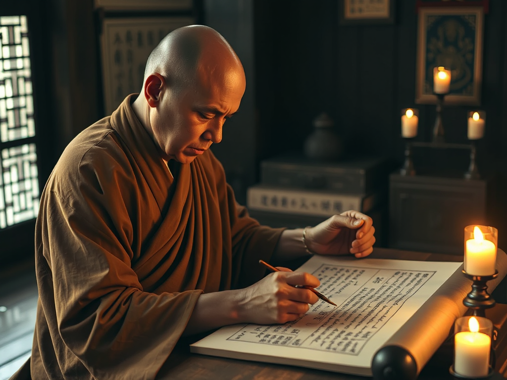 Hình ảnh vị sư thầy đang chép kinh Địa Tạng trên giấy bản, ánh nến dịu nhẹ tạo không gian thanh tịnh, nét bút tỉ mỉ thể hiện lòng thành kính, khung cảnh chùa cổ điển trang nghiêm