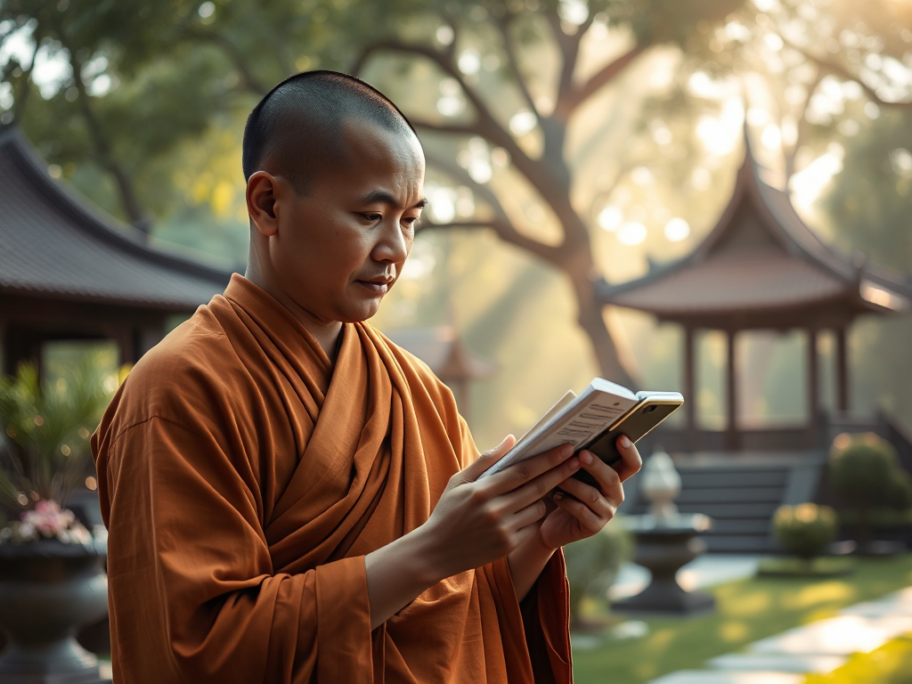 Hình ảnh vị sư thầy đang đọc kinh Phật trên điện thoại di động trong khuôn viên chùa thanh tịnh với ánh sáng dịu nhẹ buổi sáng tạo cảm giác an lạc và tĩnh tâm.