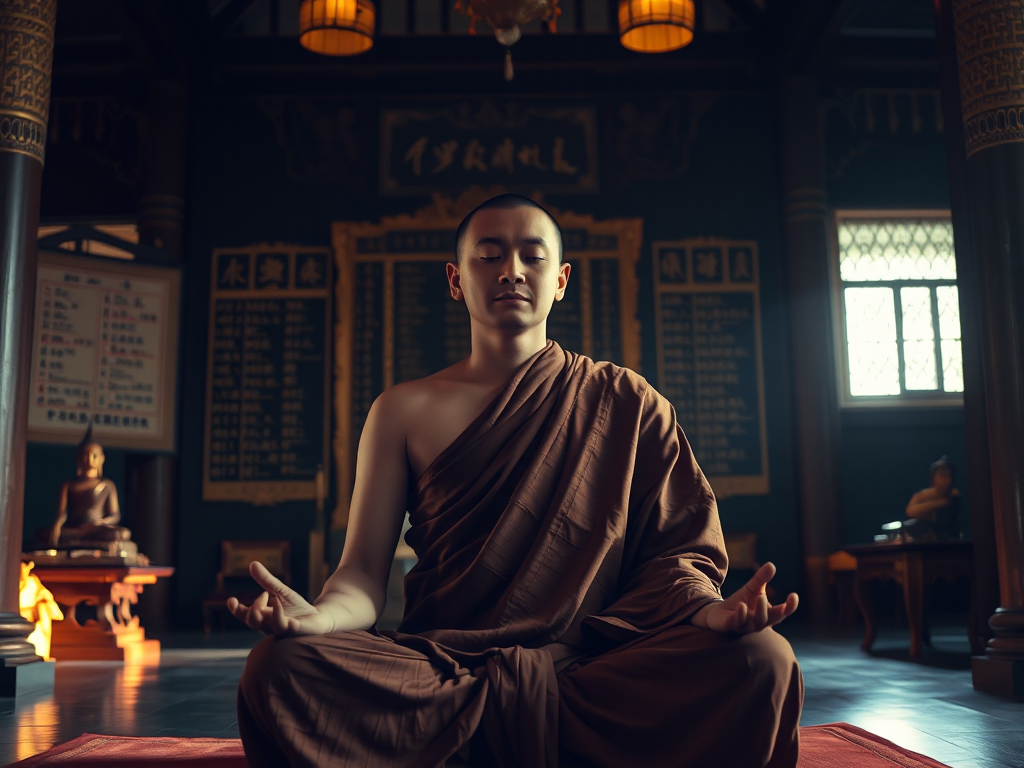 Hình ảnh vị sư thầy đang ngồi thiền định trong tư thế hoa sen tại chùa cổ, ánh sáng vàng dịu nhẹ chiếu sáng khuôn mặt thanh tịnh, xung quanh là kinh sách truyền thống