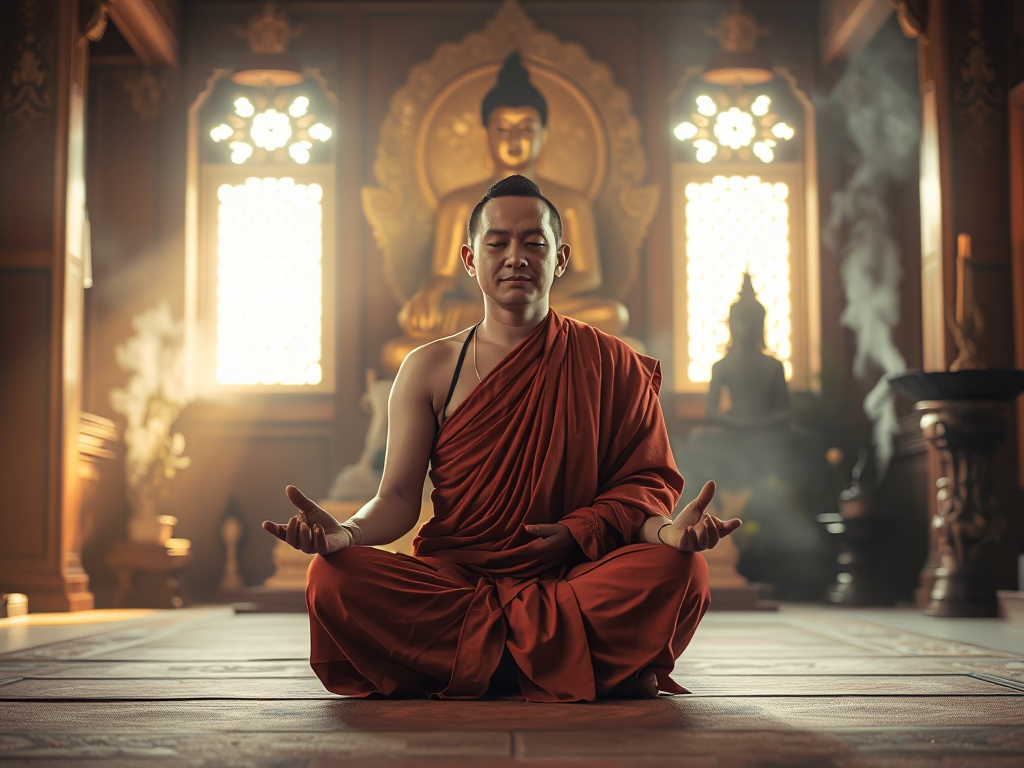 Hình ảnh vị sư thầy đang ngồi thiền trong tư thế hoa sen, ánh sáng vàng dịu tỏa ra từ tượng Phật, không gian chùa cổ kính với hoa văn chạm khắc tinh xảo và làn khói hương thanh tịnh