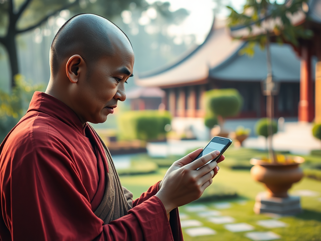 Hình ảnh vị sư thầy đang sử dụng ứng dụng đọc kinh Phật trên điện thoại di động trong khuôn viên chùa thanh tịnh với ánh sáng ban mai dịu nhẹ.