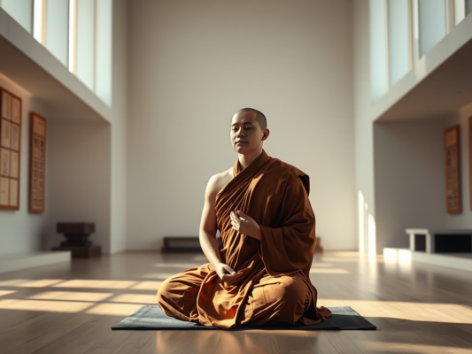 Hình ảnh vị sư thầy đang thiền định trong chùa hiện đại với ánh sáng tự nhiên, kinh điển Phật giáo và kiến trúc đương đại hòa quyện tạo nên không gian thanh tịnh