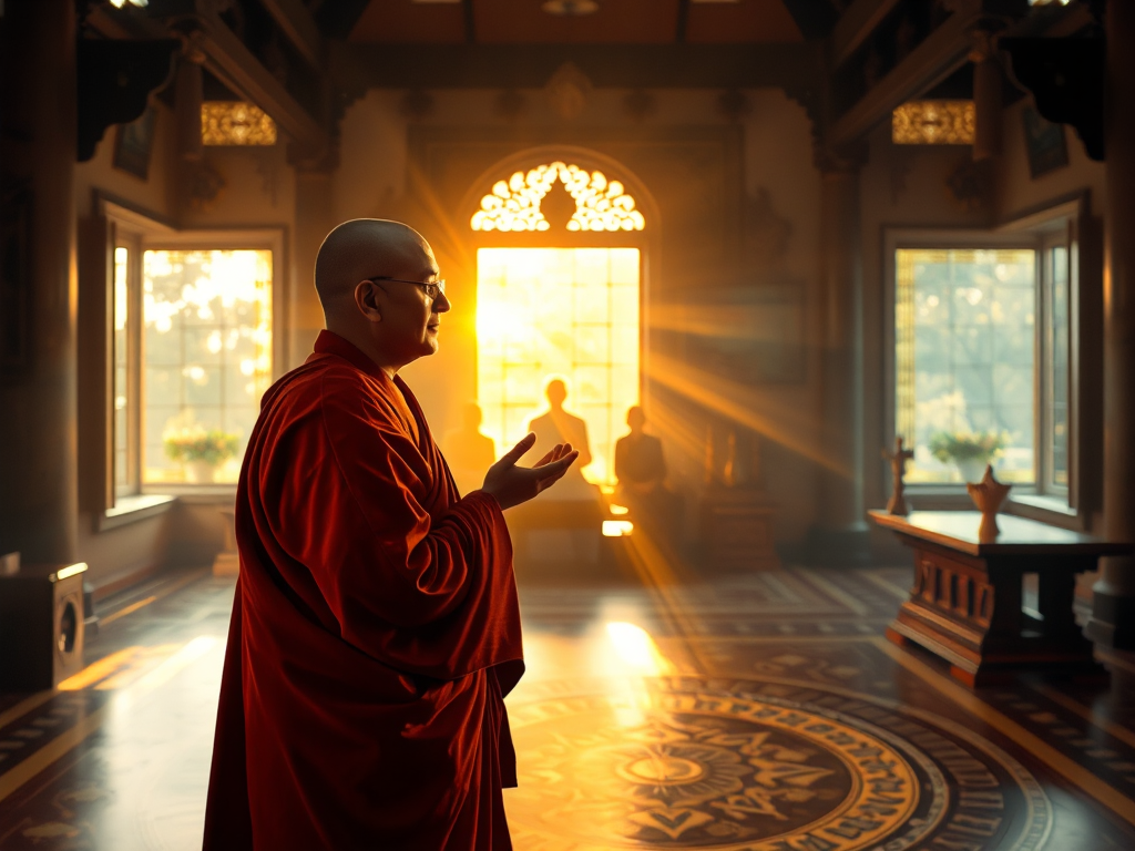 Hình ảnh vị sư thầy đang tụng kinh trong chùa cổ kính, ánh sáng vàng rực rỡ chiếu qua cửa sổ, tạo nên không gian linh thiêng và thanh tịnh Hình ảnh vị sư thầy đang tụng kinh trong chùa cổ kính, ánh sáng vàng rực rỡ chiếu qua cửa sổ, tạo nên không gian linh thiêng và thanh tịnh