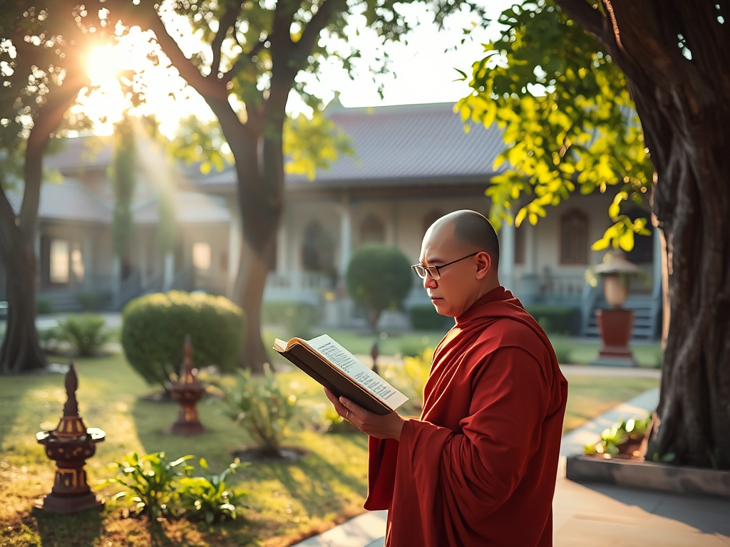 Hình ảnh vị sư thầy đọc kinh trong khuôn viên chùa thanh tịnh với ánh sáng buổi sáng dịu nhẹ, thể hiện không gian tu tập trang nghiêm và thanh bình