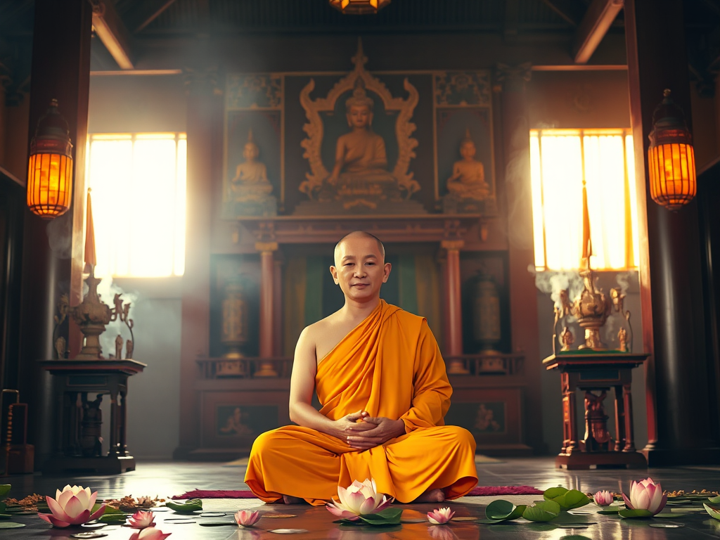 Hình ảnh vị sư thầy mặc áo cà sa ngồi thiền trong chùa Việt Nam, ánh sáng vàng dịu tỏa ra từ bên trong, xung quanh có hoa sen và khói hương tạo không gian thanh tịnh