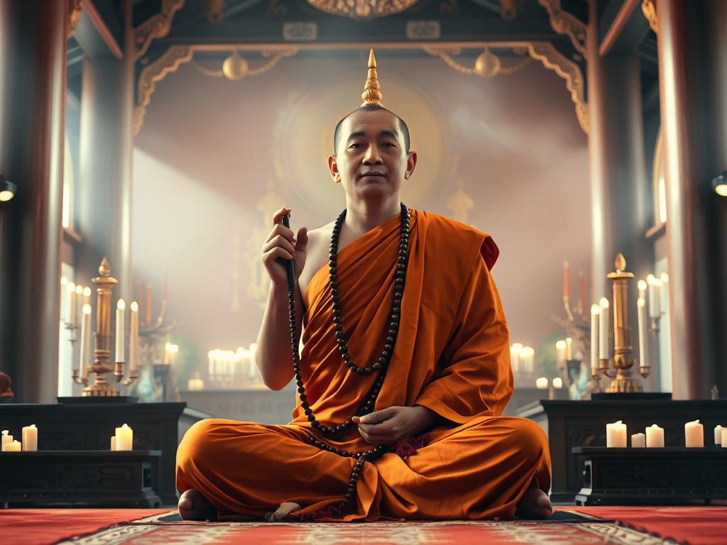 Hình ảnh vị sư thầy ngồi thiền định với tràng hạt, trong không gian chùa thanh tịnh với nến và nhang, phong cách nghệ thuật Phật giáo Việt Nam truyền thống Hình ảnh vị sư thầy ngồi thiền định với tràng hạt, trong không gian chùa thanh tịnh với nến và nhang, phong cách nghệ thuật Phật giáo Việt Nam truyền thống