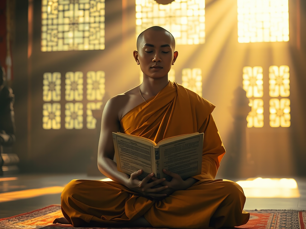 Hình ảnh vị sư thầy ngồi thiền đọc kinh Phật trong chùa, ánh sáng vàng dịu nhẹ chiếu qua cửa sổ, tạo không gian thanh tịnh cho việc học Phật pháp