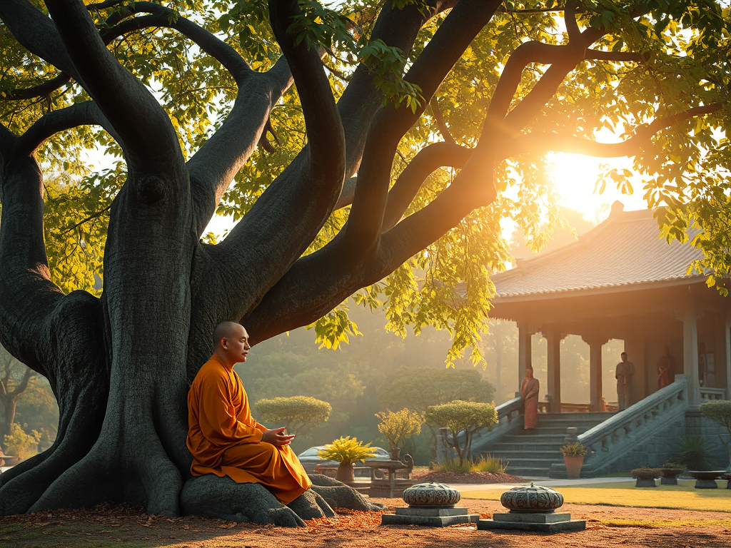 Hình ảnh vị sư thầy ngồi thiền dưới gốc cây bồ đề cổ thụ trong khu vườn chùa thanh tịnh, ánh sáng vàng dịu nhẹ tạo không gian an lạc, thể hiện ý nghĩa Bát Nhã Tâm Kinh về trí tuệ và giác ngộ