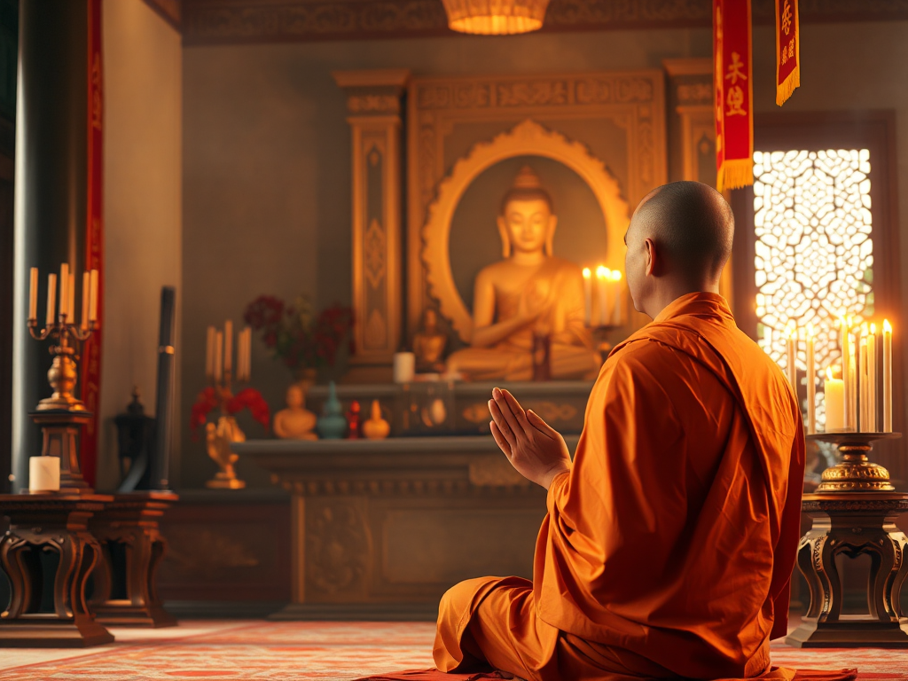 Hình ảnh vị sư thầy ngồi thiền trên bàn thờ với tư thế chắp tay, xung quanh có nến và hương, ánh sáng vàng dịu nhẹ, thể hiện phong cách nghệ thuật Phật giáo Việt Nam truyền thống Hình ảnh vị sư thầy ngồi thiền trên bàn thờ với tư thế chắp tay, xung quanh có nến và hương, ánh sáng vàng dịu nhẹ, thể hiện phong cách nghệ thuật Phật giáo Việt Nam truyền thống
