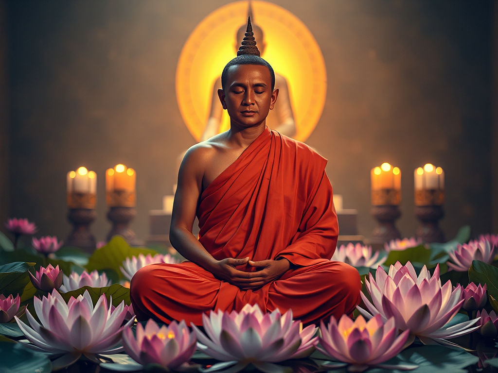 Hình ảnh vị sư thầy ngồi thiền trên đài sen, xung quanh là hoa sen thanh khiết, ánh sáng vàng từ tượng Phật tỏa ra, tạo nên không gian thanh tịnh và linh thiêng trong chùa.
