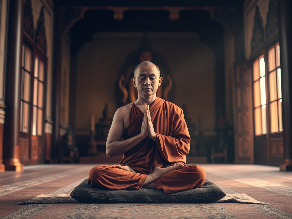 Hình ảnh vị sư thầy ngồi thiền trên đệm trong chùa, hai tay chắp trước ngực, không gian thanh tịnh với ánh sáng vàng dịu nhẹ, thể hiện cách tụng kinh Phật đúng cách