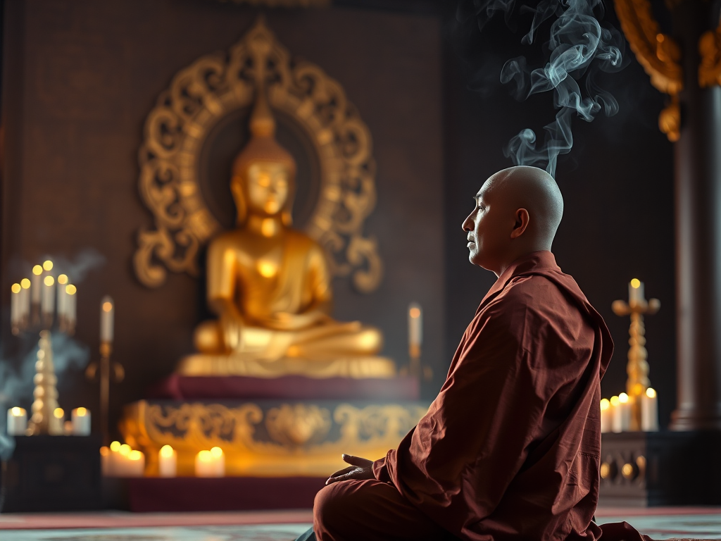 Hình ảnh vị sư thầy ngồi thiền trong chùa với khói hương nghi ngút, tượng Phật vàng và ánh nến tạo nên không gian tâm linh thanh tịnh cho nghi thức tụng kinh Phật.