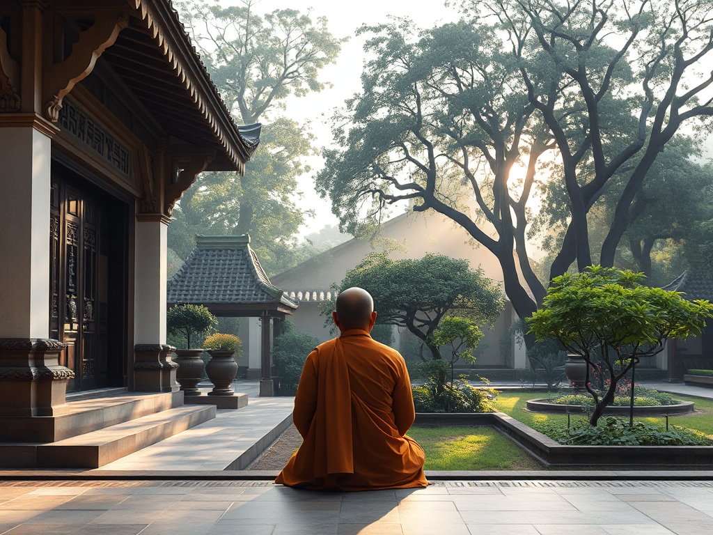 Hình ảnh vị sư thầy ngồi thiền trong khuôn viên chùa thanh tịnh với ánh sáng dịu nhẹ, thể hiện không gian tu tập nghiêm túc theo kinh Phật về nghiệp quả