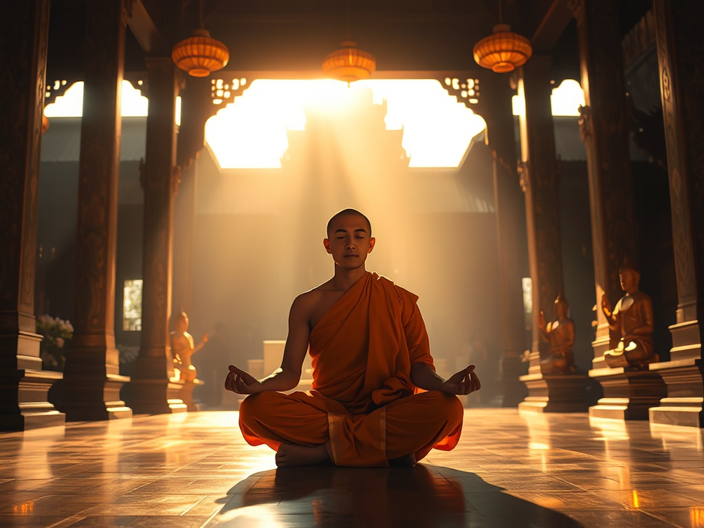 Hình ảnh vị sư thầy ngồi thiền trong tư thế hoa sen tại ngôi chùa cổ kính, ánh sáng vàng dịu nhẹ tạo không gian thanh tịnh, thể hiện tinh thần của Chú Lăng Nghiêm trong Phật giáo Việt Nam