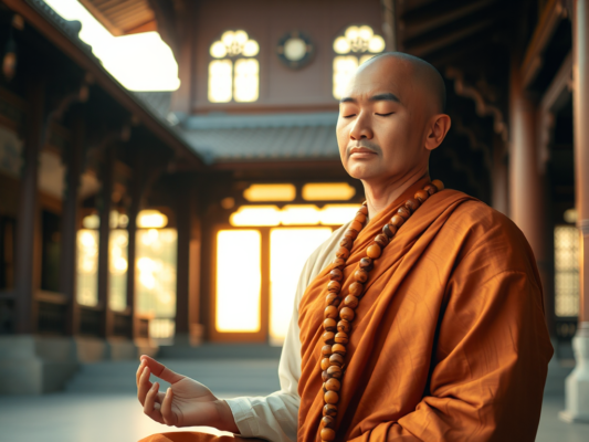 Hình ảnh vị sư thầy ngồi thiền với tràng hạt, khung cảnh chùa cổ kính, ánh sáng vàng dịu nhẹ, thể hiện phương pháp phân biệt tụng kinh và trì chú trong tu tập Phật giáo