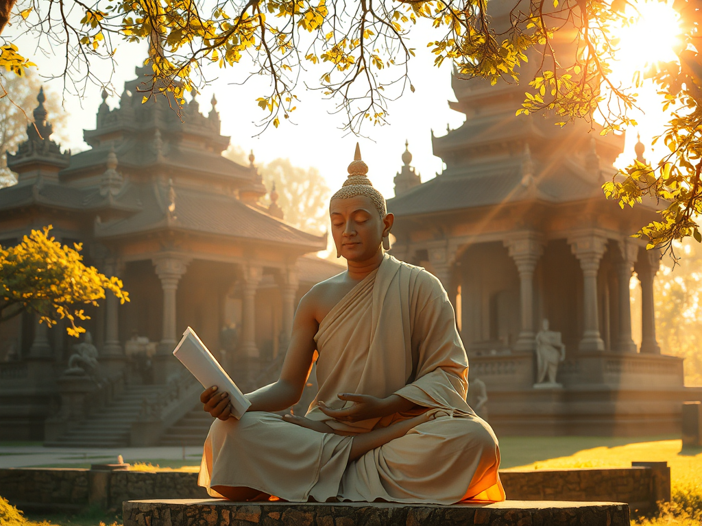 Hình ảnh vị sư thầy thiền định trong không gian chùa cổ kính với ánh nắng vàng rực rỡ, tượng trưng cho Kinh Đại Niệm Xứ trong Phật giáo