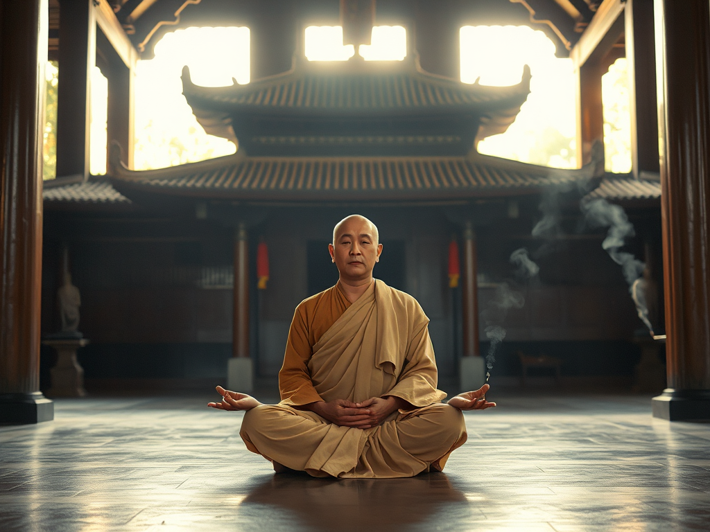Hình ảnh vị sư thầy thiền định trong tư thế hoa sen tại chùa Việt Nam, ánh sáng vàng dịu nhẹ chiếu qua cửa sổ, khói hương nghi ngút tạo không gian thanh tịnh Hình ảnh vị sư thầy thiền định trong tư thế hoa sen tại chùa Việt Nam, ánh sáng vàng dịu nhẹ chiếu qua cửa sổ, khói hương nghi ngút tạo không gian thanh tịnh