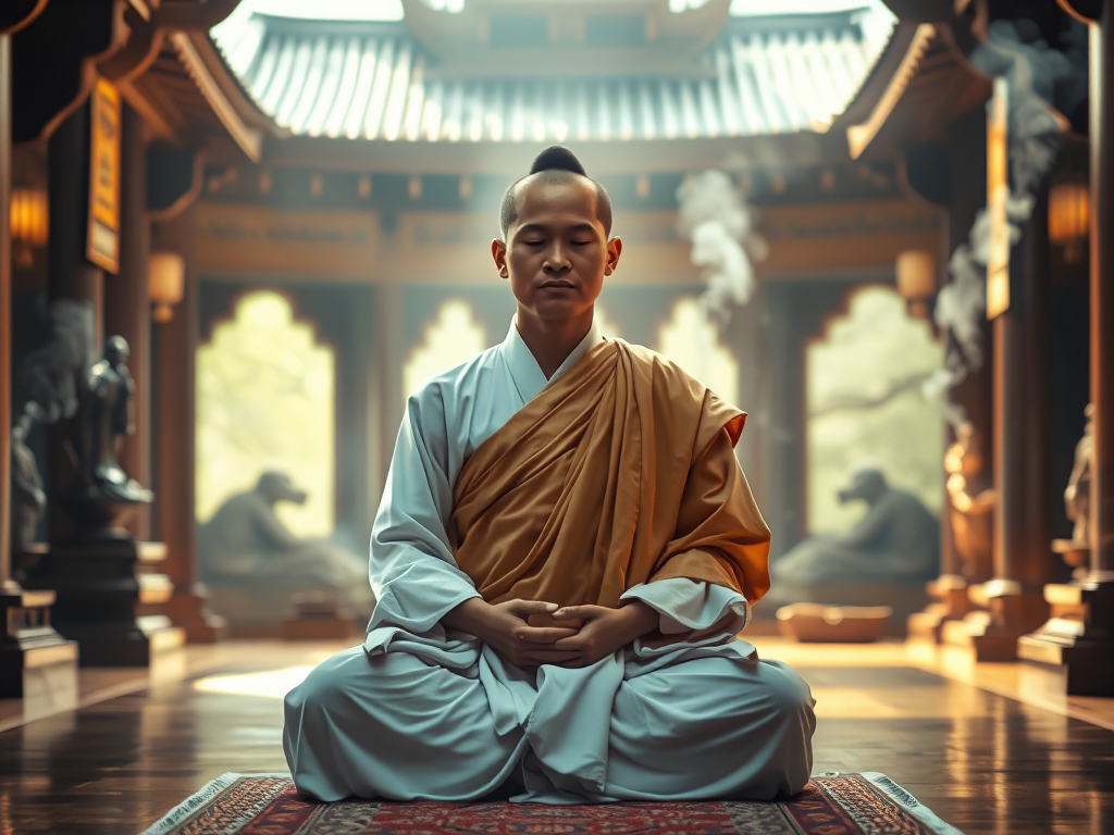 Hình ảnh vị sư thiền định trong tư thế hoa sen tại chùa, khói hương nghi ngút, ánh sáng vàng dịu nhẹ, minh họa Kinh Đại Niệm Xứ