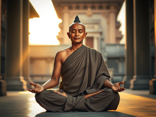 Hình ảnh vị sư thiền định trong tư thế hoa sen với ánh sáng vàng dịu nhẹ, khung cảnh chùa cổ kính tạo nên không gian thanh tịnh và tĩnh lặng