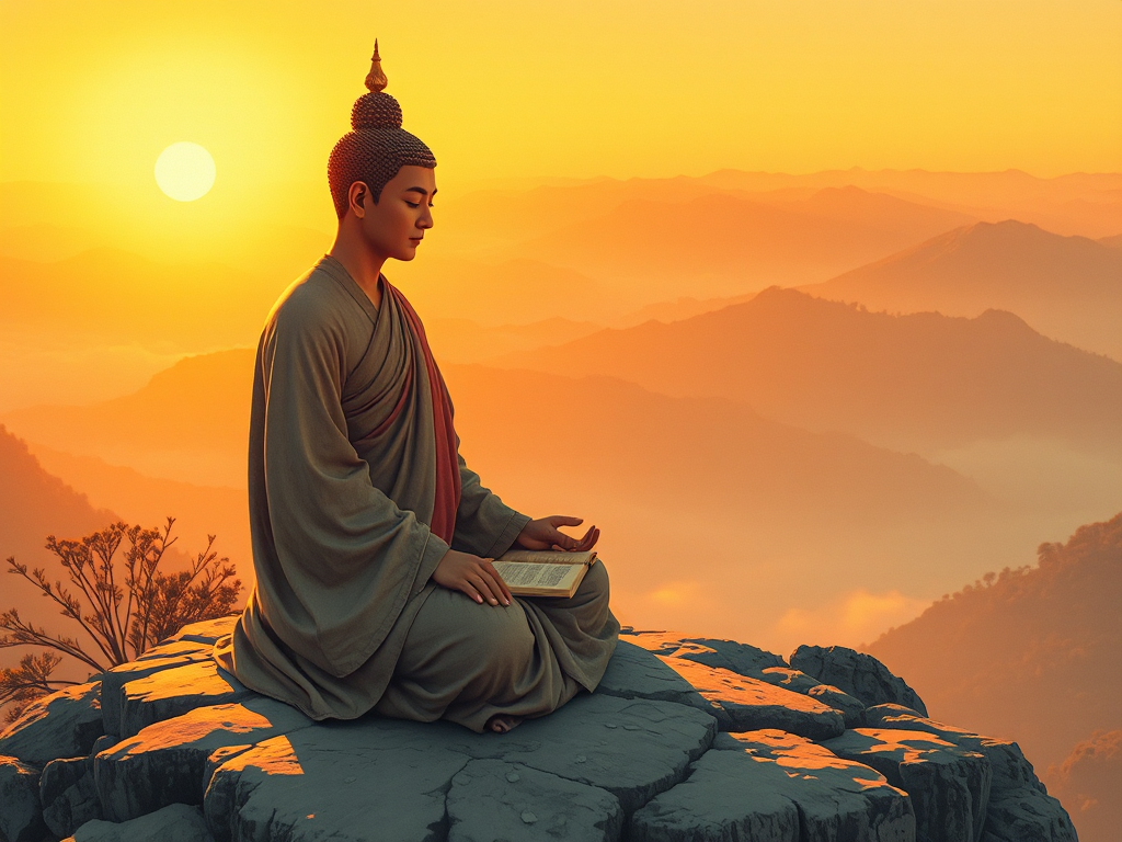 Hình ảnh vị tăng sĩ cổ đại đang thiền định trên đỉnh núi lúc bình minh, ánh sáng vàng chiếu rọi kinh điển thiêng liêng trong phong cách tranh phong cảnh Á Đông truyền thống