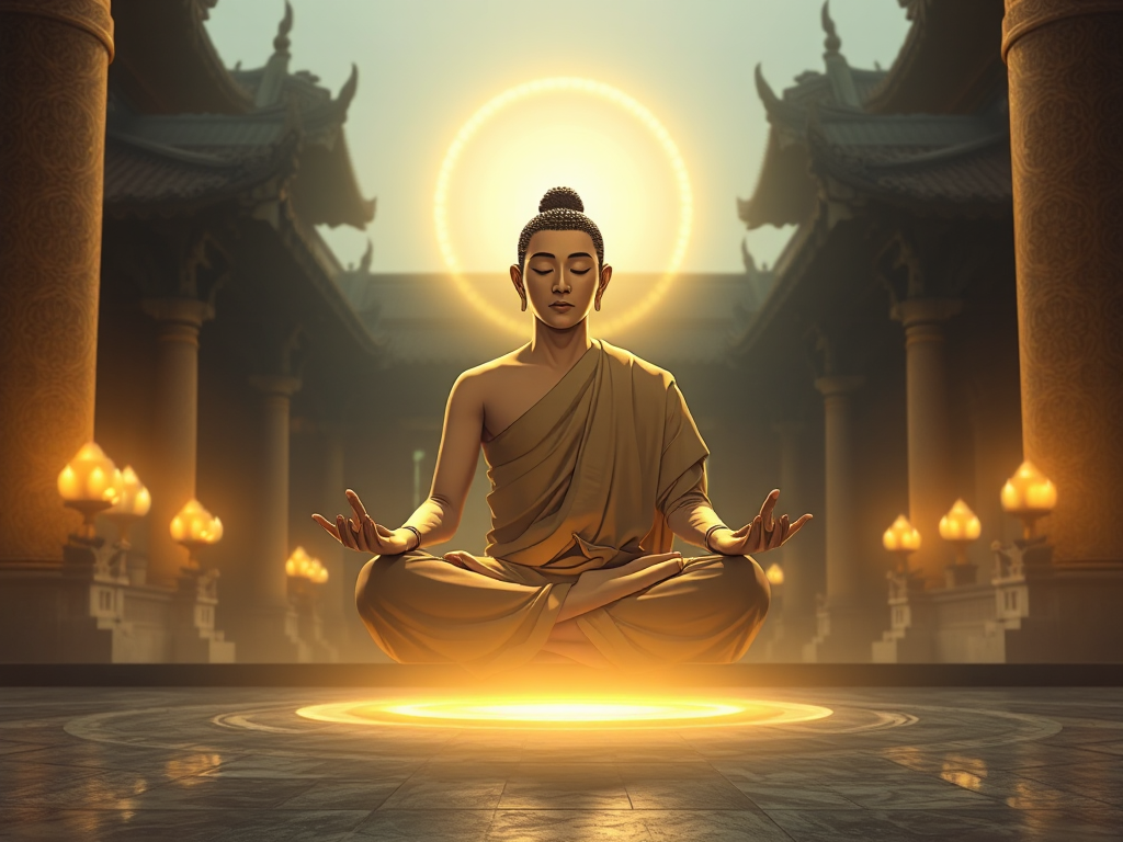 Hình ảnh vị tăng sĩ đang thiền định trong tư thế hoa sen với ánh sáng vàng rực rỡ, bối cảnh ngôi chùa cổ kính, thể hiện không gian tâm linh thanh tịnh