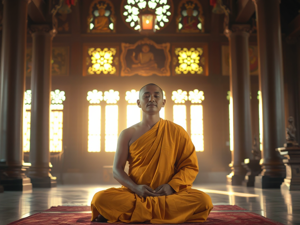 Hình ảnh vị tăng sĩ ngồi thiền trong chùa cổ kính, ánh sáng vàng dịu nhẹ chiếu qua khung cửa sổ chạm khắc, tạo nên không gian thanh tịnh và trang nghiêm Hình ảnh vị tăng sĩ ngồi thiền trong chùa cổ kính, ánh sáng vàng dịu nhẹ chiếu qua khung cửa sổ chạm khắc, tạo nên không gian thanh tịnh và trang nghiêm