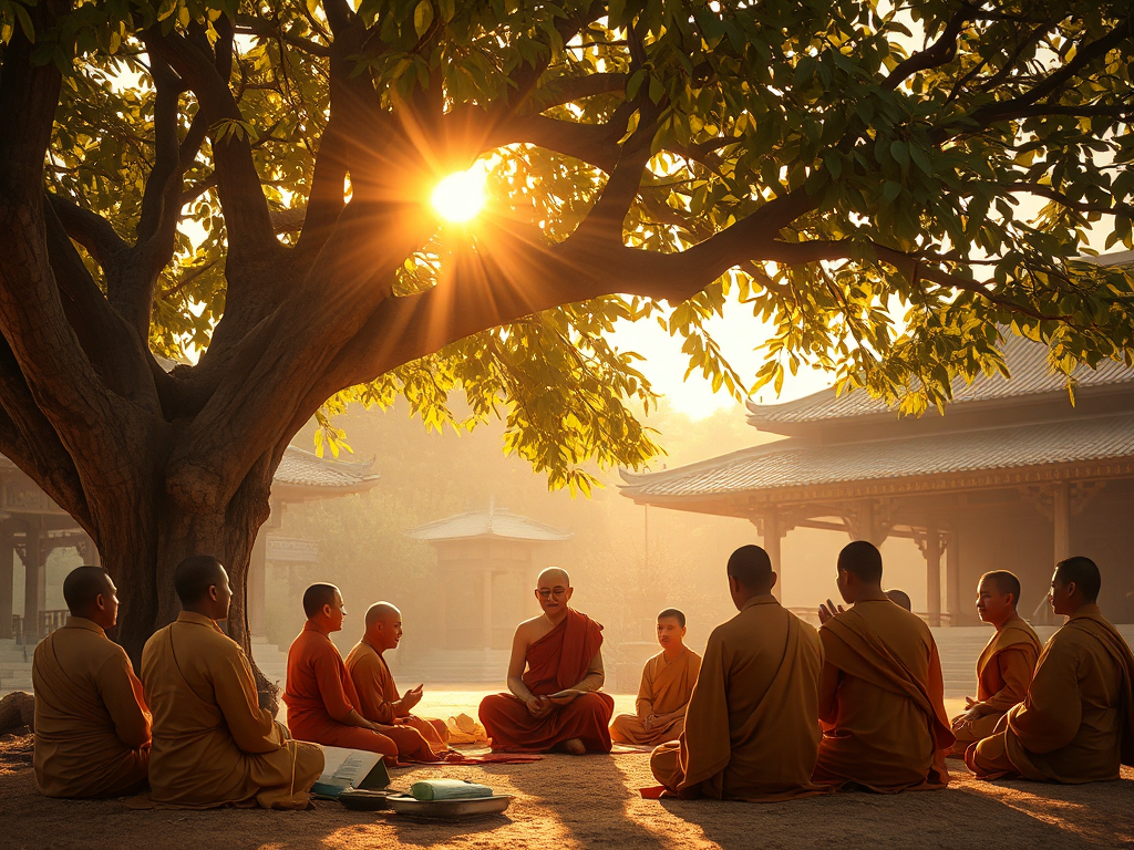 Hình ảnh vị tăng sĩ Phật giáo đang giảng dạy cho các đệ tử dưới gốc cây Bồ đề, ánh sáng vàng dịu nhẹ xuyên qua tán lá, kiến trúc chùa cổ truyền thống Á Đông tạo khung cảnh thanh tịnh