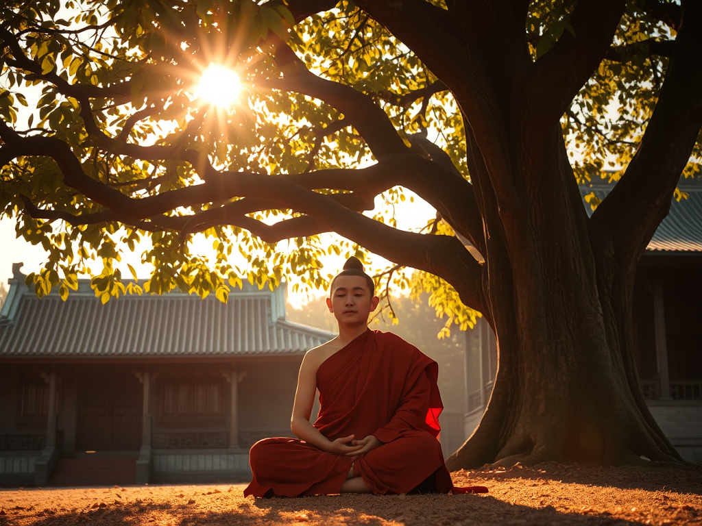 Hình ảnh vị tăng sĩ Phật giáo ngồi thiền dưới cây Bồ Đề với ánh nắng vàng rực rỡ, tạo không gian tâm linh thanh tịnh và giác ngộ
