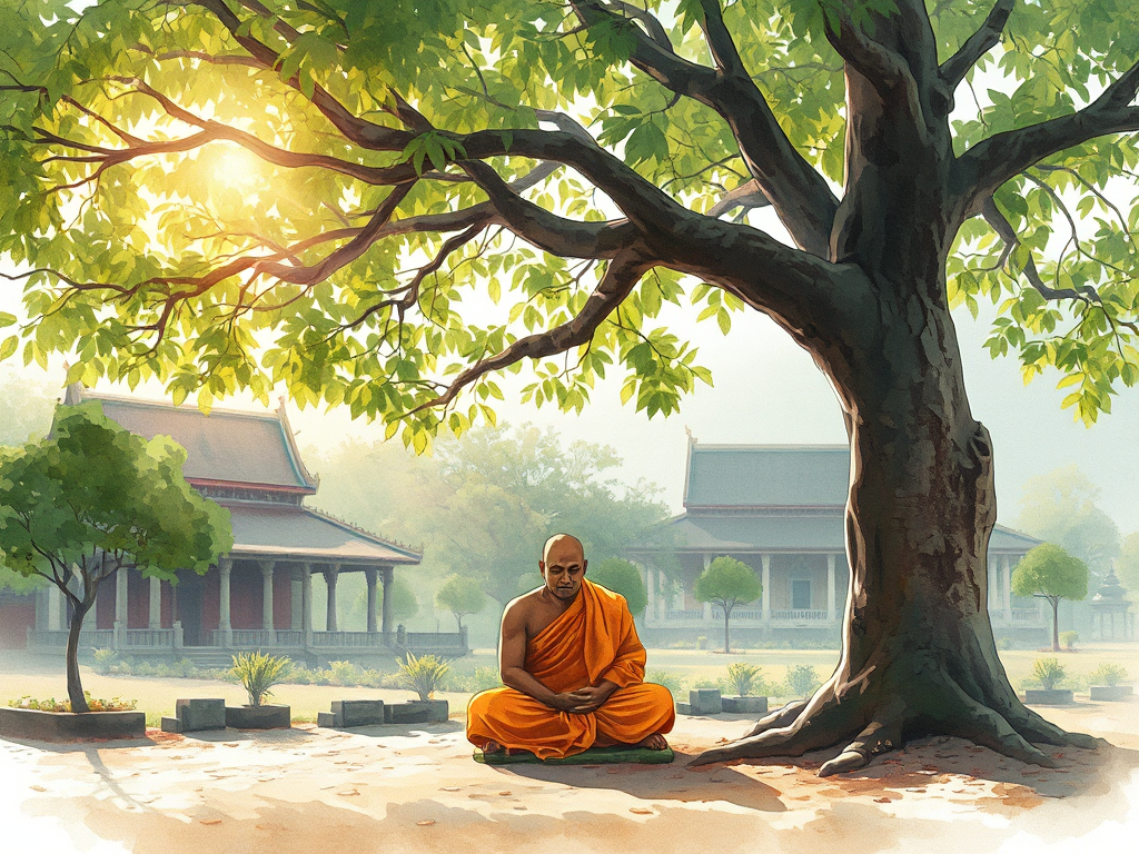 Hình ảnh vị tăng sĩ Phật giáo ngồi thiền dưới cội cây Bồ đề, ánh sáng bình minh dịu nhẹ xuyên qua tán lá, khung cảnh chùa chiền Thái Lan cổ kính, thể hiện không gian tâm linh thanh tịnh của Kinh Ti...