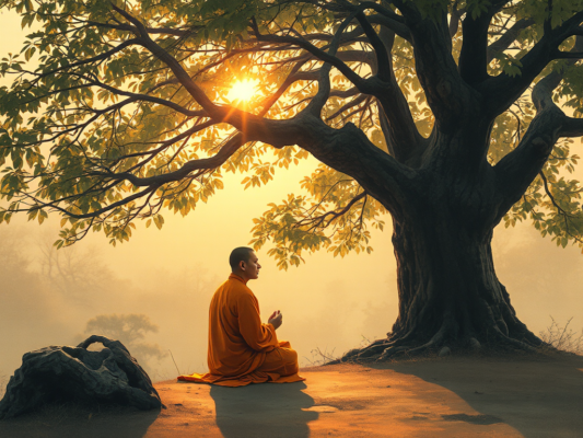 Hình ảnh vị tăng sĩ Phật giáo ngồi thiền dưới gốc cây Bồ đề vào bình minh, ánh sáng vàng dịu nhẹ xuyên qua tán lá, phong cách tranh mực Trung Hoa truyền thống thể hiện kinh Tứ Thập Nhị Chương