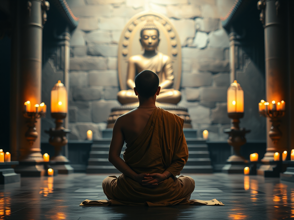 Hình ảnh vị tăng sĩ Phật giáo ngồi thiền trong chùa cổ, tượng Phật vàng phía sau, ánh nến ấm áp tạo không gian thanh tịnh Hình ảnh vị tăng sĩ Phật giáo ngồi thiền trong chùa cổ, tượng Phật vàng phía sau, ánh nến ấm áp tạo không gian thanh tịnh