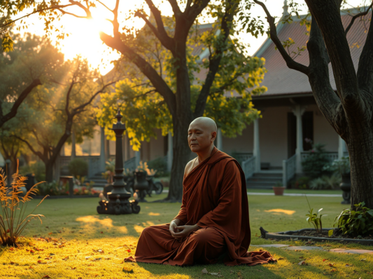 Hình ảnh vị tăng sĩ Phật giáo ngồi thiền trong khuôn viên chùa cổ kính, ánh sáng vàng dịu nhẹ chiếu qua tán cây, tạo nên không gian thanh tịnh và linh thiêng