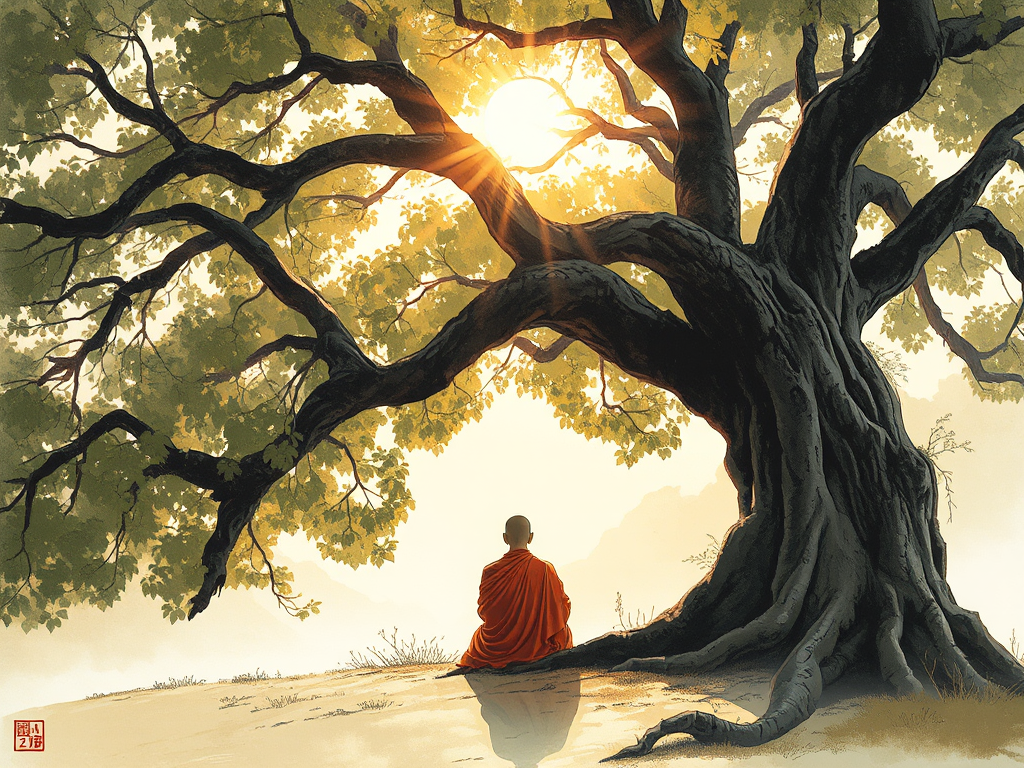 Hình ảnh vị thiền sư ngồi thiền dưới gốc cây bồ đề cổ thụ vào lúc bình minh, ánh sáng vàng dịu nhẹ xuyên qua tán lá, phong cách tranh mực Trung Hoa truyền thống Hình ảnh vị thiền sư ngồi thiền dưới gốc cây bồ đề cổ thụ vào lúc bình minh, ánh sáng vàng dịu nhẹ xuyên qua tán lá, phong cách tranh mực Trung Hoa truyền thống